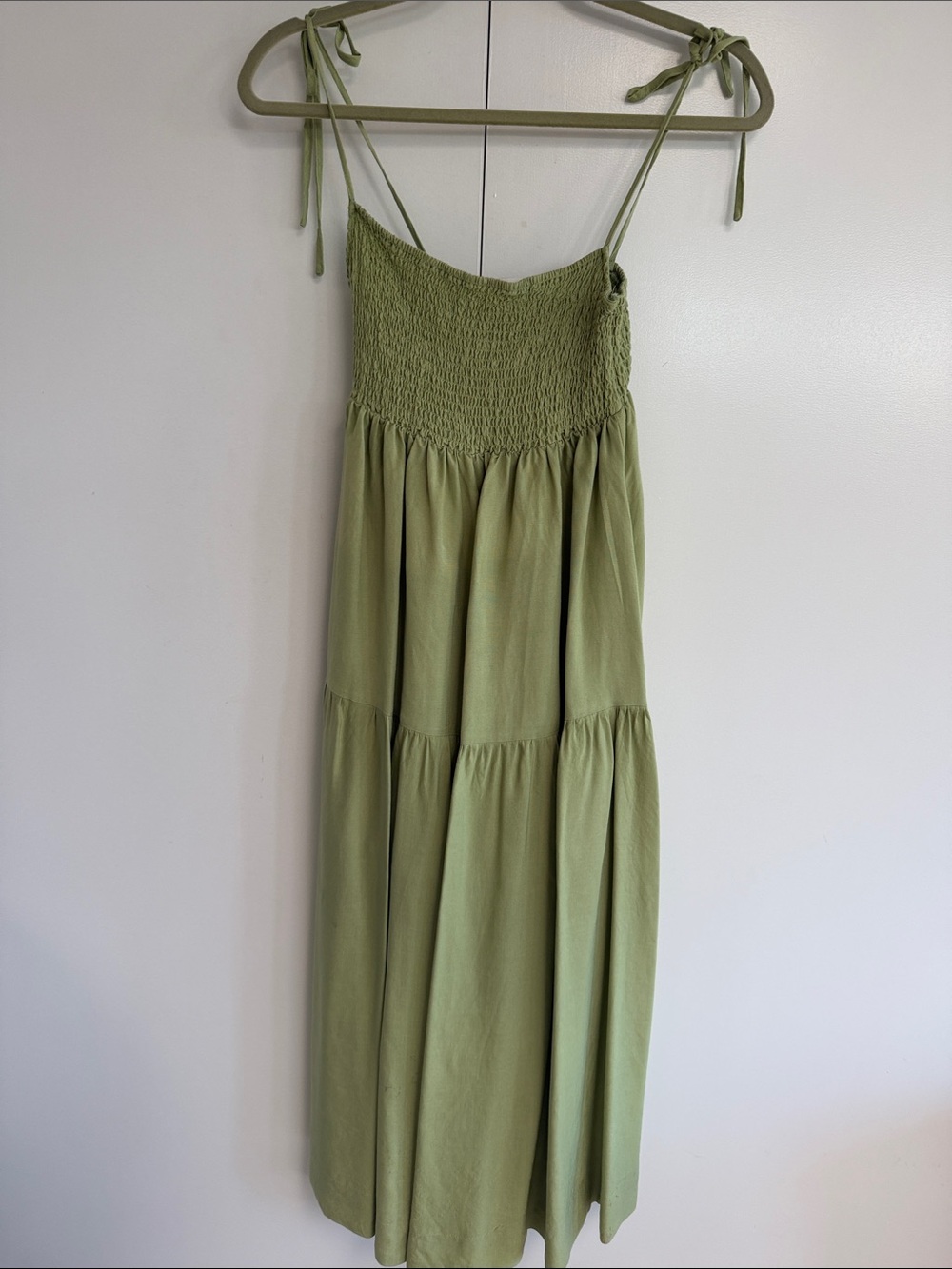 Light Green Smocked Midi Sundress with Tie Straps